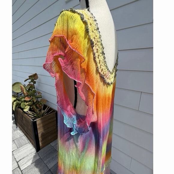 Multicolor Kaftan Knit Beach Coverup Hand Died Midi Dress Hobo Boho Artsy Large - Picture 5 of 7